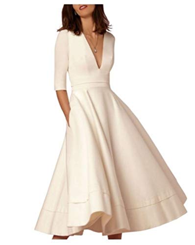 A-Linie Brautkleider V Ausschnitt Teelänge Satin Halbarm Casual Vintage Kleines Weißes Kleid 1950er Jahre, Ivory, 42 von Monkidoll