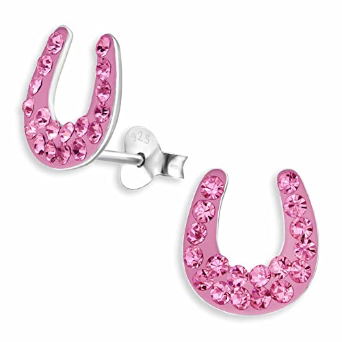 Monkimau Damen Ohrringe Hufeisen Glücksbringer - Ohrstecker aus 925 Sterling Silver echt Silber mit 36 Kristallen (Pink) von MONKIMAU