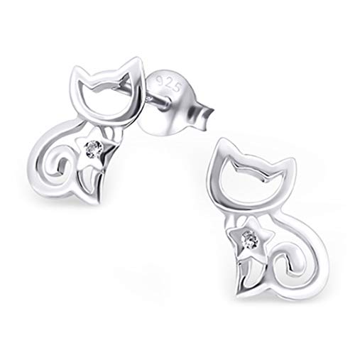 Monkimau Mädchen Ohrringe Katze Ohrstecker aus 925 Sterling Silver echt Silber mit 2 Kristallen von MONKIMAU