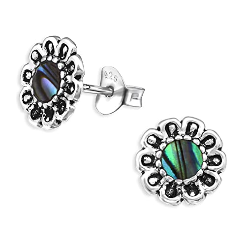 Monkimau Blumen Ohrstecker aus 925 Sterling Silber schwarz oxidiert und mit Abalone Muschel von MONKIMAU