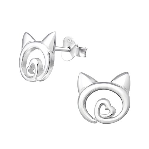 Monkimau Damen Ohrringe Katzen Ohrstecker aus 925 Sterling Silver echt Silber mit Herzchen von MONKIMAU