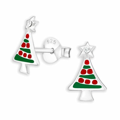 Monkimau Festliche Weihnachtsbaum Ohrringe für Kinder aus 925 Sterling Silber mit Kristallen | Mädchen Ohrstecker Schmuck Weichnachtsgeschenk von MONKIMAU