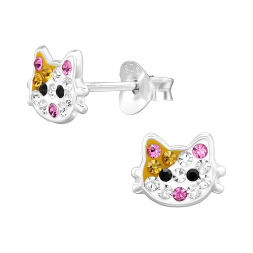 Monkimau Katze Kinder Ohrringe mit Kristallen 925 Silber | 925 Silber | Mädchen Ohrstecker Schmuck | Hypoallergen & Nickelfrei | Kinderohrringe Geschenkidee von MONKIMAU