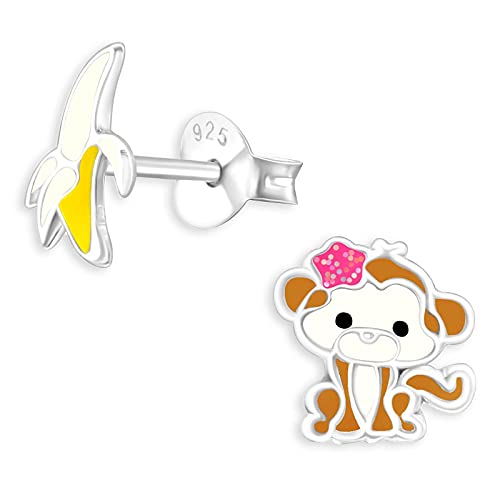 Monkimau Kinderohrringe Affe mit Banane Ohrstecker aus 925 Sterling Silber bunt emailliert von MONKIMAU