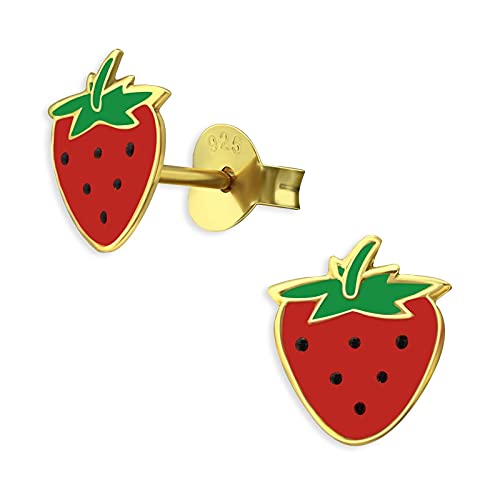 Monkimau Kinderohrringe Erdbeeren Ohrstecker aus 925 Sterling Silber Gold plattiert von MONKIMAU
