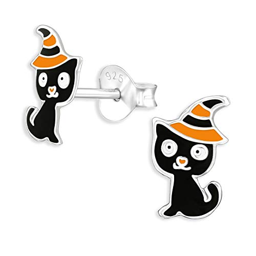 Monkimau Kinderohrringe Katzen Halloween Ohrstecker aus 925 Sterling Silber schwarz emailliert von Monkimau