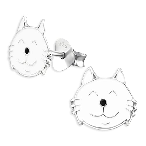 Monkimau Kinderohrringe Katzen Ohrstecker aus 925 Sterling Silber weiß emailliert von Monkimau