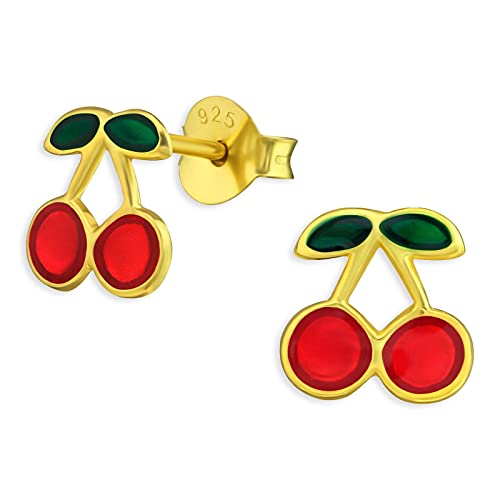 Monkimau Kinderohrringe Kirschen Ohrstecker aus 925 Sterling Silber Gold plattiert von MONKIMAU