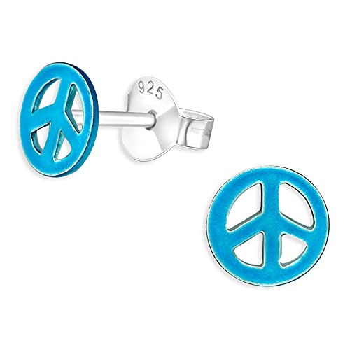Monkimau Kinderohrringe Peace Zeichen Ohrstecker aus 925 Sterling Silber mit blauem Plastik Logo von MONKIMAU
