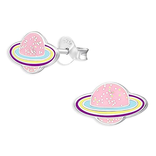 Monkimau Kinderohrringe Saturn Planet Ohrstecker aus 925 Sterling Silber pink emailliert von Monkimau