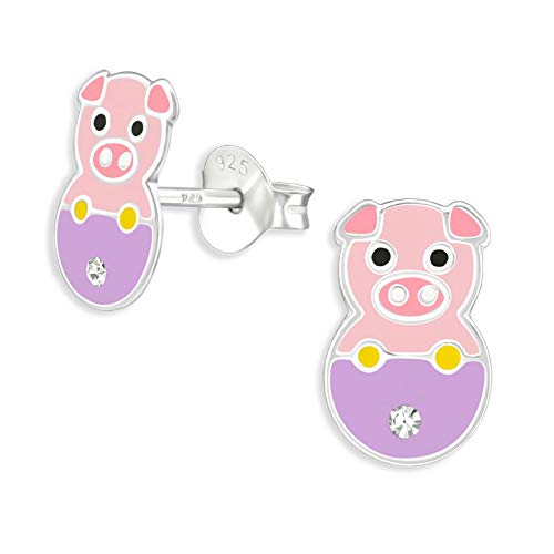 Monkimau Kinderohrringe Schweinchen Ohrstecker aus 925 Sterling Silber mit Kristallen und lila rosa emailliert von Monkimau