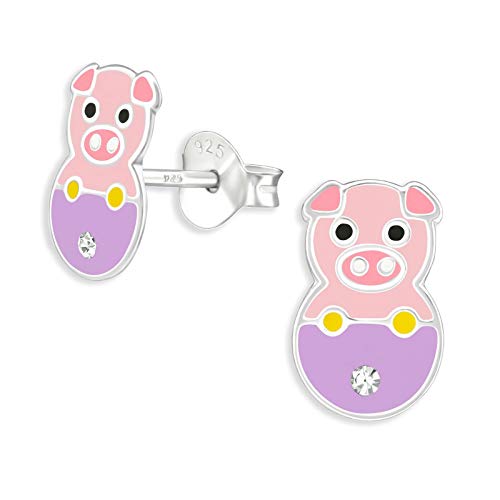 Monkimau Kinderohrringe Schweinchen Ohrstecker aus 925 Sterling Silber mit Kristallen und lila rosa emailliert von MONKIMAU