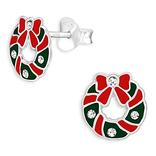 Monkimau Kinderohrringe Weihnachtskranz Ohrstecker aus 925 Sterling Silber mit Kristallen und bunt emailliert von MONKIMAU