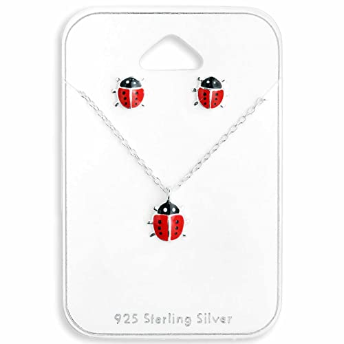 Monkimau Mädchen Halskette Marienkäfer Glücksbringer Anhänger aus 925 Sterling Silver echt Silber mit Ohrstecker Set Emaille Rot Schwarz 39cm Kette von MONKIMAU