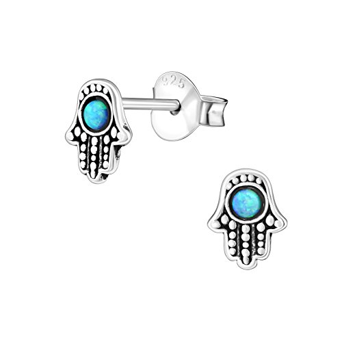 Monkimau Mädchen Ohrringe Hamsa Hand Fatima Ohrstecker aus 925 Sterling Silver echt Silber mit 2 Opalen von MONKIMAU