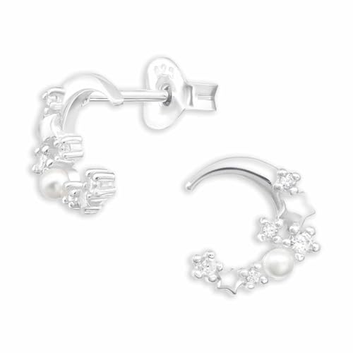 Monkimau Moon and Star Ohrstecker | 925 Sterling Silber | mit funkelnden Zirkoniasteinen und synthetischer Perle | Geschenk für Damen und Mädchen von MONKIMAU