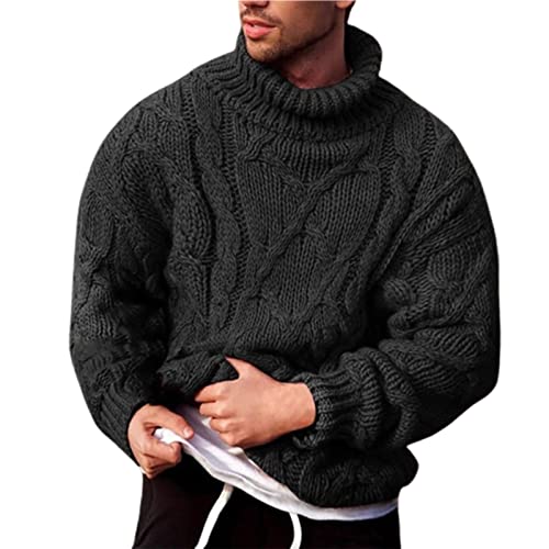 Herren Casual Sweater mit verdicktem groben Wollgarn Rollkragen Twist gerippter Strickpullover für Herbst Winter, Schwarz , L von Monnadu
