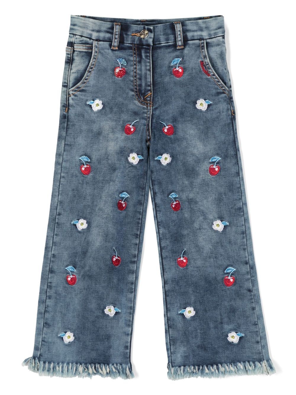 Monnalisa Ausgefranste Jeans mit Blumenstickerei - Blau von Monnalisa