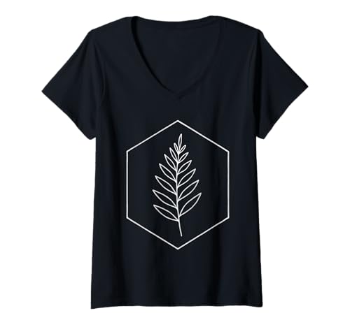Damen Sauberes weißes Blatt im sechseckigen minimalistischen botanischen Umriss T-Shirt mit V-Ausschnitt Damen Sauberes weißes Blatt im sechseckigen minimalistischen botanischen Umriss T-Shirt mit V-Ausschnitt von Mono Flora