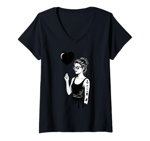 Damen Chic Woman Herz Ballon Tattoo Look T-Shirt mit V-Ausschnitt Damen Chic Woman Herz Ballon Tattoo Look T-Shirt mit V-Ausschnitt von Monochrome Chic Tattoo Heart Balloon Style