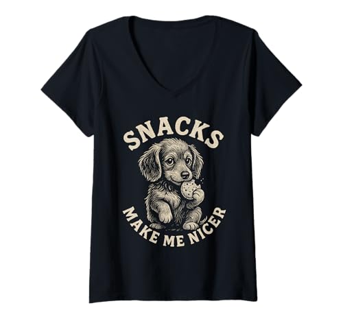 Damen Dackel Snacks Make Me Nicer Lustiger Hund Zitat T-Shirt mit V-Ausschnitt Damen Dackel Snacks Make Me Nicer Lustiger Hund Zitat T-Shirt mit V-Ausschnitt von Monochrome Retro Design Animal