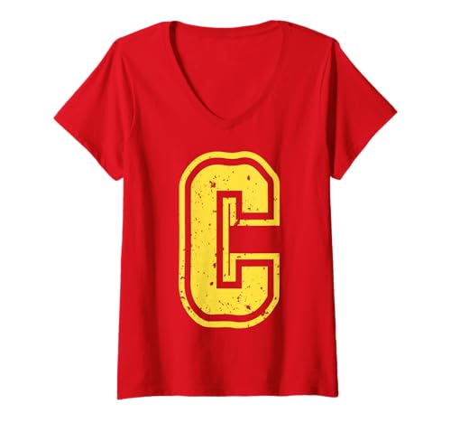 Damen Buchstabe C Name Initial Monogram Varsity Yellow Alphabet T-Shirt mit V-Ausschnitt von Monogramm Buchstaben Varsity Alphabet Name Cool