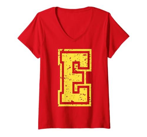 Damen Buchstabe E Name Initial Monogram Varsity Yellow Alphabet T-Shirt mit V-Ausschnitt von Monogramm Buchstaben Varsity Alphabet Name Cool