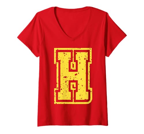 Damen Buchstabe H Name Initial Monogram Varsity Yellow Alphabet T-Shirt mit V-Ausschnitt von Monogramm Buchstaben Varsity Alphabet Name Cool