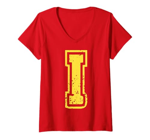 Damen Buchstabe I nennen das erste Monogramm -Varsity Yellow T-Shirt mit V-Ausschnitt von Monogramm Buchstaben Varsity Alphabet Name Cool