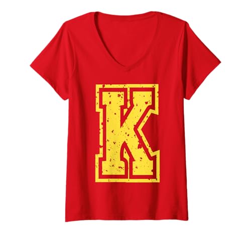 Damen Buchstabe K Name Initial Monogram Varsity Yellow Alphabet T-Shirt mit V-Ausschnitt von Monogramm Buchstaben Varsity Alphabet Name Cool