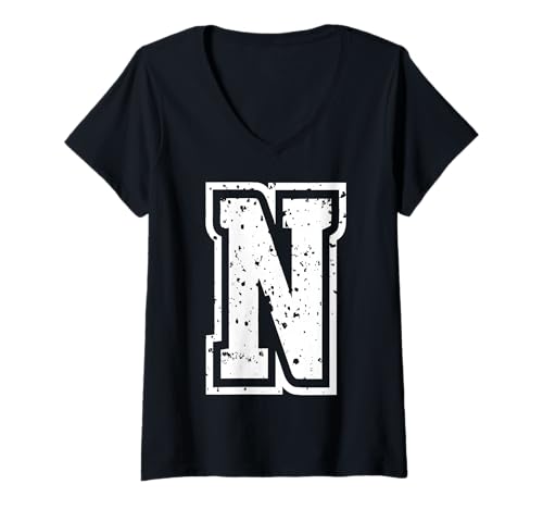 Damen Buchstabe N Name Initial Monogram Varsity Alphabet T-Shirt mit V-Ausschnitt von Monogramm Buchstaben Varsity Alphabet Name Cool