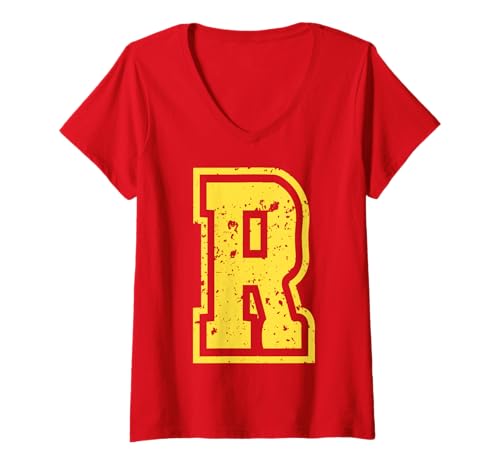 Damen Buchstabe R Name Initial Monogram Varsity Yellow Alphabet T-Shirt mit V-Ausschnitt von Monogramm Buchstaben Varsity Alphabet Name Cool