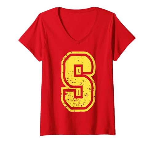 Damen Buchstabe S -Name Initial Monogram Varsity Yellow Alphabet T-Shirt mit V-Ausschnitt von Monogramm Buchstaben Varsity Alphabet Name Cool