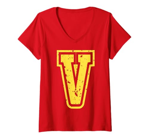 Damen Buchstabe V Name Initial Monogram Varsity Yellow Alphabet T-Shirt mit V-Ausschnitt von Monogramm Buchstaben Varsity Alphabet Name Cool