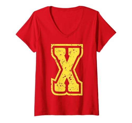Damen Buchstabe X Name Initial Monogram Varsity Yellow Alphabet T-Shirt mit V-Ausschnitt von Monogramm Buchstaben Varsity Alphabet Name Cool