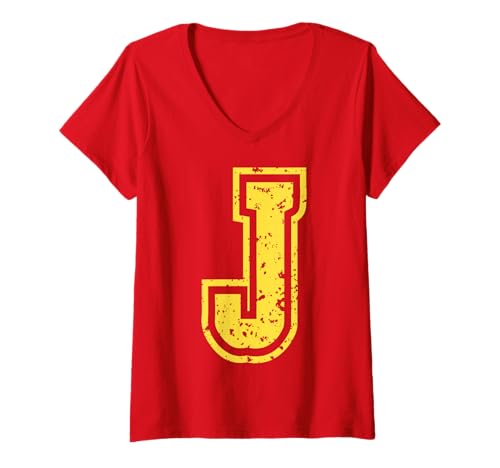 Damen Buchstabe j Name Initial Monogram Varsity Yellow Alphabet T-Shirt mit V-Ausschnitt von Monogramm Buchstaben Varsity Alphabet Name Cool