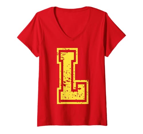 Damen Buchstabe l Name des ersten Monogramm -Varsity Yellow T-Shirt mit V-Ausschnitt von Monogramm Buchstaben Varsity Alphabet Name Cool