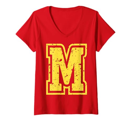 Damen Buchstabe m Name Initial Monogram Varsity Yellow Alphabet T-Shirt mit V-Ausschnitt von Monogramm Buchstaben Varsity Alphabet Name Cool