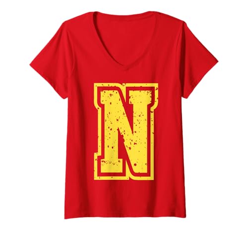 Damen Buchstabe n Name Initial Monogram Varsity Yellow Alphabet T-Shirt mit V-Ausschnitt von Monogramm Buchstaben Varsity Alphabet Name Cool
