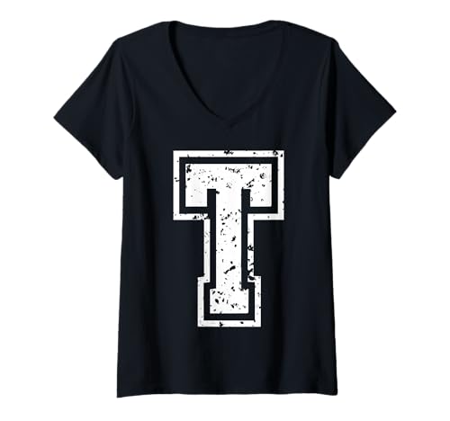 Damen Buchstabe t Erstes Monogramm -Uni Alphabet Geburtstag T-Shirt mit V-Ausschnitt von Monogramm Buchstaben Varsity Alphabet Name Cool