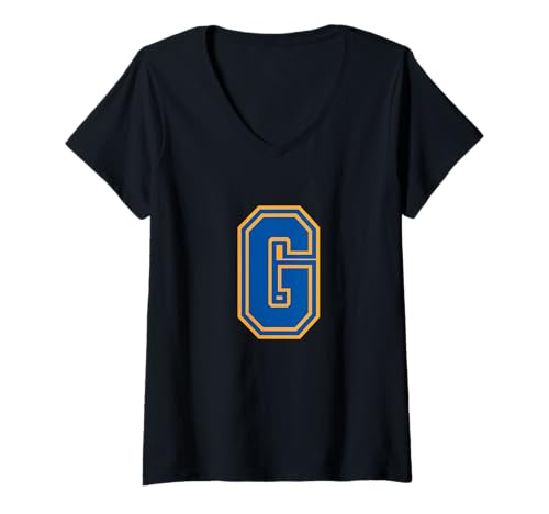 Damen Buchstabe G Gelbblau Monogramm Initial T-Shirt mit V-Ausschnitt Damen Buchstabe G Gelbblau Monogramm Initial T-Shirt mit V-Ausschnitt von Monogramm staunt