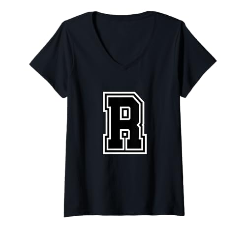 Damen Buchstabe R schwarzes Monogramm Initial T-Shirt mit V-Ausschnitt Damen Buchstabe R schwarzes Monogramm Initial T-Shirt mit V-Ausschnitt von Monogramm staunt