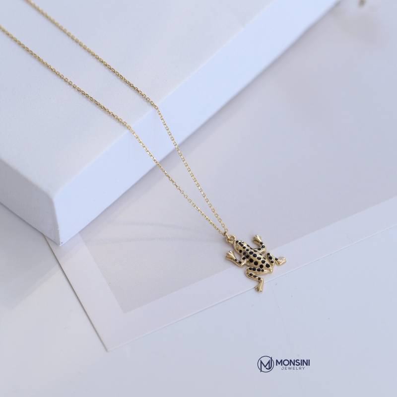 14K Echt Solid Gold Schwarz Emaillierte Schöne Frosch Design Halskette Tier Figur Anhänger Charm Kette Geburtstagsgeschenke Für Frauen, Fashion Style von MonsiniJewelry