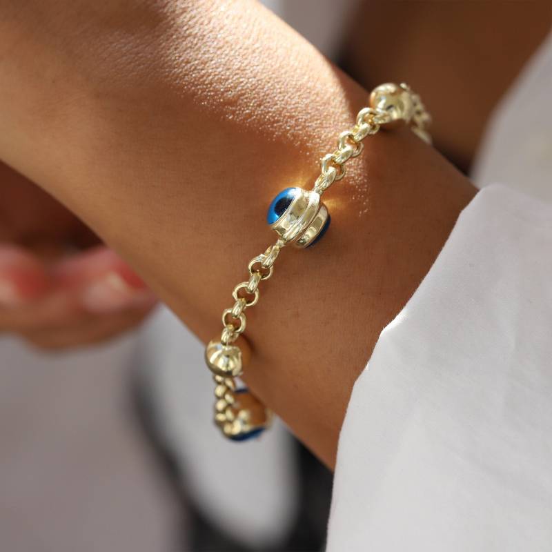 Evil Eye 14K Gold Rolo Doc Blau Gliederarmband Charm Kette Hoop Geburtstagsgeschenk Für Frauen Ein Glücksbringer Und Schützender Talisman Von Monsini von MonsiniJewelry