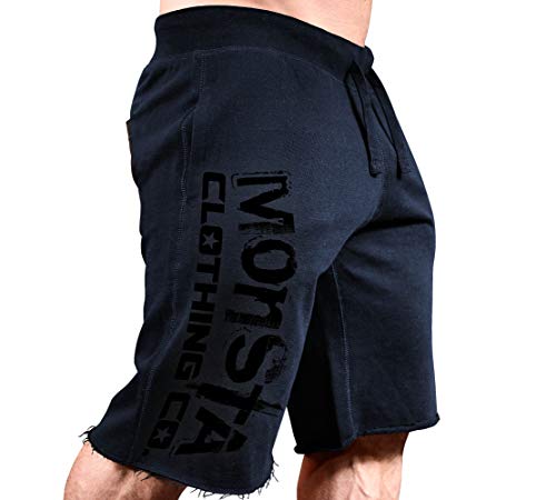 Monsta Clothing Co. Herren Bodybuilding Workout (Signature Monsta) Sweat Shorts, Marineblaue Sweat-Shorts, mit schwarzer Kunst, Groß von Monsta Clothing Co.