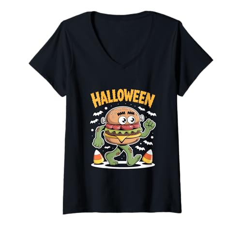 Damen Zombieburger Halloween Cartoon Witzig Gruselig Party T-Shirt mit V-Ausschnitt Damen Zombieburger Halloween Cartoon Witzig Gruselig Party T-Shirt mit V-Ausschnitt von Monster Burger Halloween Lustig Grusel Snack
