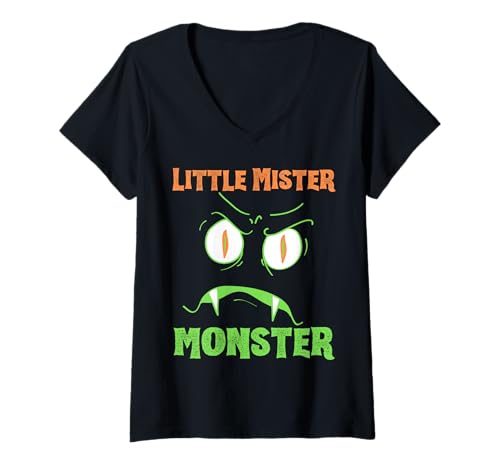 Damen Little Mister Monster Halloween Jungen Kostüm Lustiger Sohn Junge T-Shirt mit V-Ausschnitt Damen Little Mister Monster Halloween Jungen Kostüm Lustiger Sohn Junge T-Shirt mit V-Ausschnitt von Monster Couples Parent Halloween Costume Matching