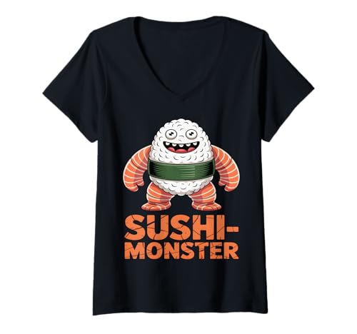 Damen Sushi Lustiges Japanisches Lebensmittelmonster T-Shirt mit V-Ausschnitt Damen Sushi Lustiges Japanisches Lebensmittelmonster T-Shirt mit V-Ausschnitt von Monster Foodie Apparel
