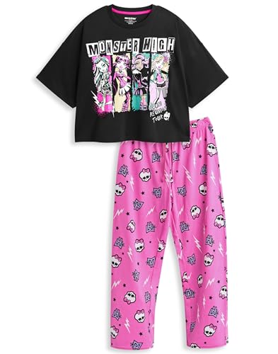 Monster High Damen-Pyjama-Set | Kurzarm-Oberteil und Pyjama-Hose mit langem Bein für Erwachsene, Alumni Reunion Tour, in Schwarz und Rosa Damen-Nachtwäsche mit Charakterdruck von Monster High