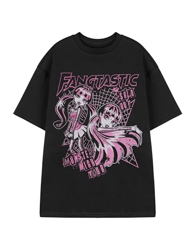 Monster High Damen T-Shirt | Damen Fangtastic Live Tour Kurzarm-Grafik-T-Shirt in Schwarz und Pink | Draculaura Spider Web Apparel Rundhals-Charakter-Top | Mode-Cartoon-Serie Merchandise-Geschenk von Monster High